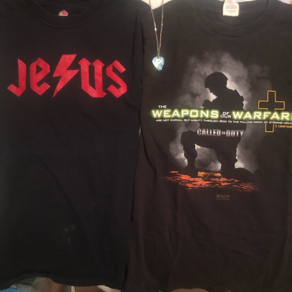 Two Christian religious shirts & Jesus guitar pick